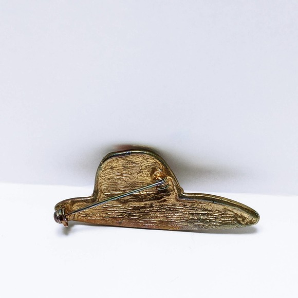 Vintage Red Hat Society Enamel Brooch 2" Red & Gold w/ Rhinestone Band Pin (jb3) - Picture 3 of 5